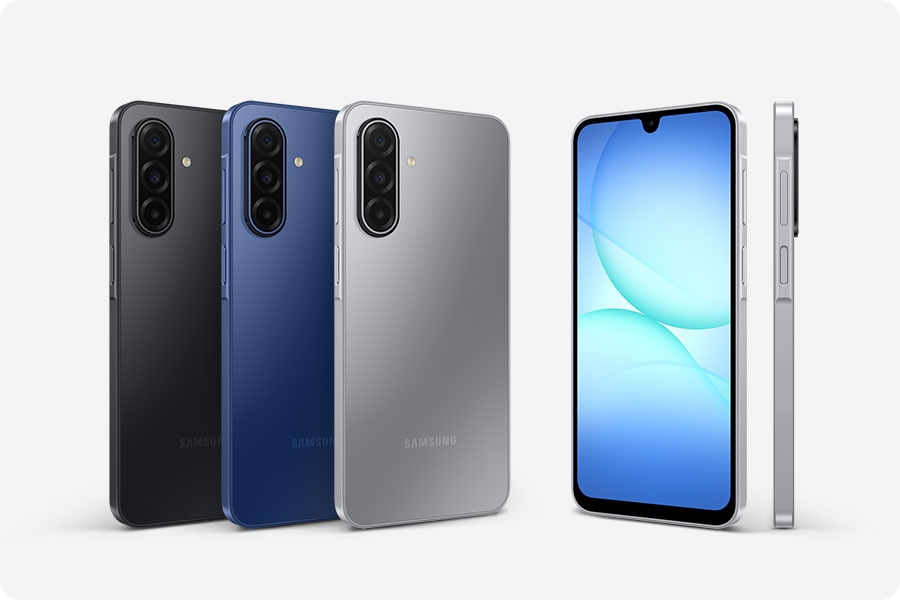 Le Galaxy A17 5G présenté en noir, bleu et gris sous plusieurs angles, mettant en valeur son design élégant, fin et époustouflant.