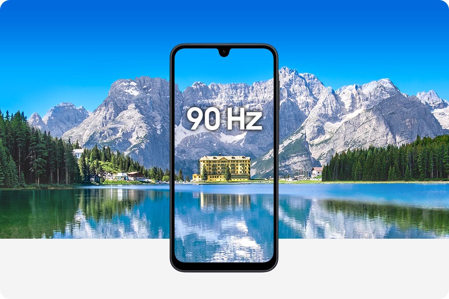 Le Galaxy A17 5G affiche une scène vivante représentant une montagne et un lac, avec le texte « 90 Hz » à l'écran, mettant en avant son écran Super AMOLED de 6,7 pouces et son taux de rafraîchissement de 90 Hz.