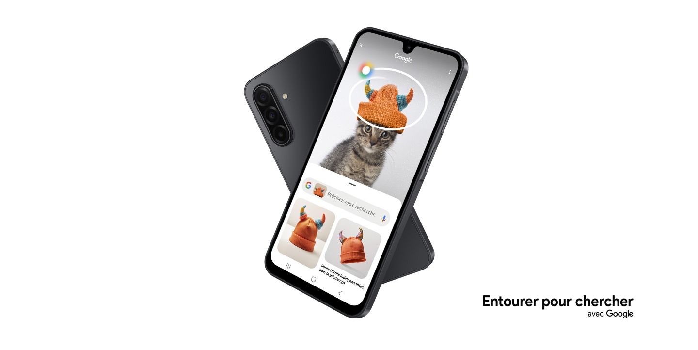 Two Galaxy A17 5G devices forming an X shape. The one in the back is in rear view. The one in the front has Circle to Search feature onscreen. Text Circle to Search with Google is at the bottom.