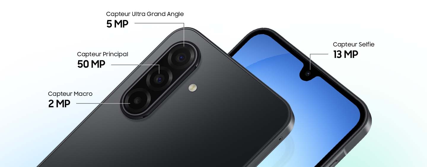 Deux appareils Galaxy A17 5G. L'un vu de l'arrière, mettant en avant l'appareil photo ultra grand angle 5 MP, l'appareil photo grand angle 50 MP et l'appareil photo macro 2 MP. L'autre vu de l'avant, mettant en avant l'appareil photo avant 13 MP.