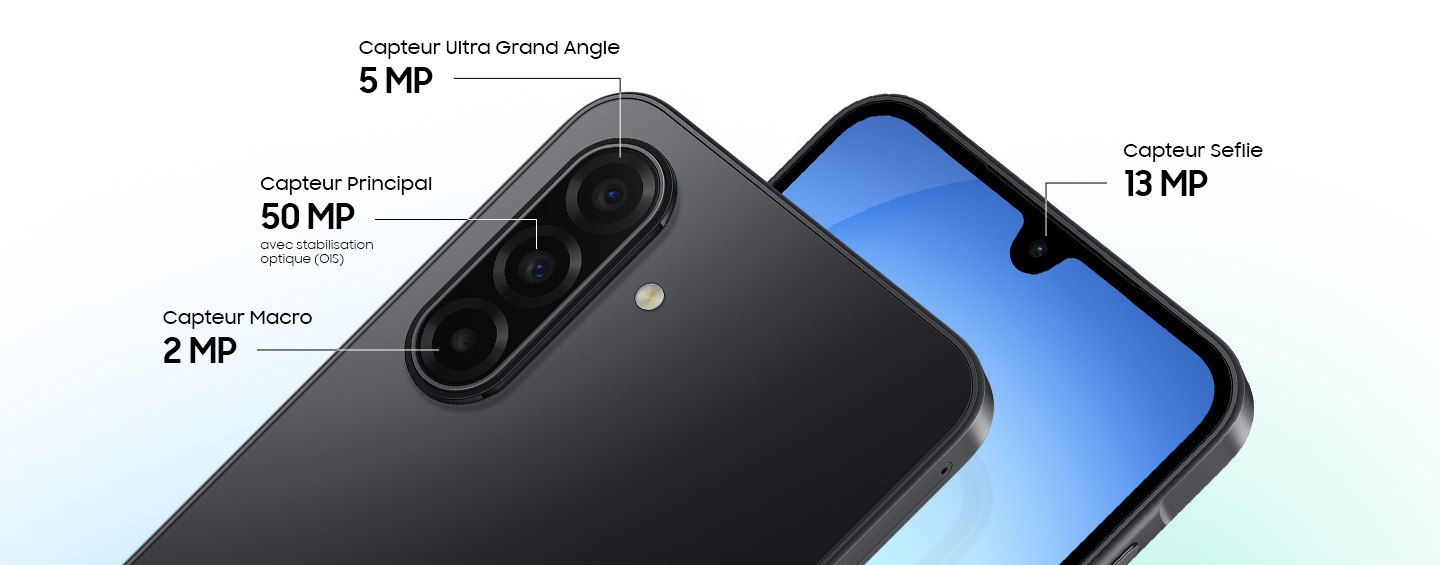 Deux appareils Galaxy A17 5G. L'un vu de l'arrière, mettant en avant l'appareil photo ultra grand angle 5 MP, l'appareil photo grand angle 50 MP et l'appareil photo macro 2 MP. L'autre vu de l'avant, mettant en avant l'appareil photo avant 13 MP.
