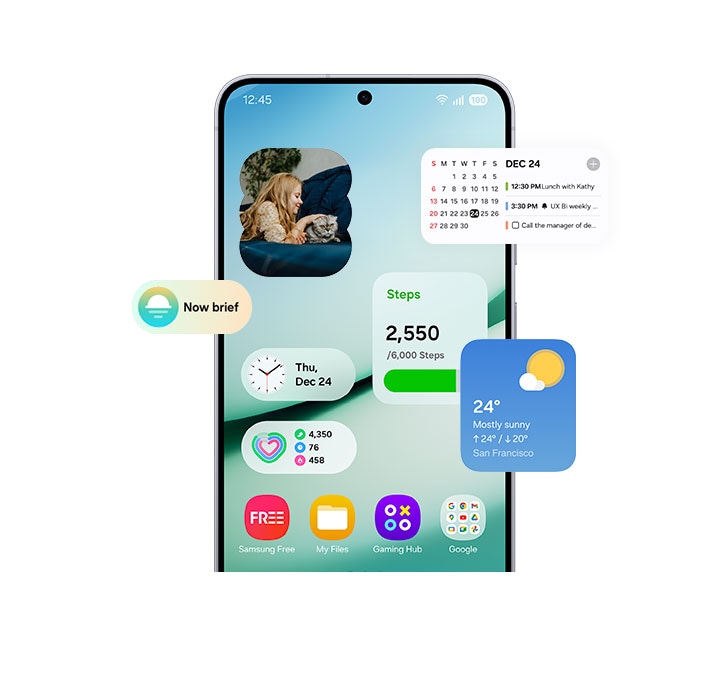 A smartphone screen displays widgets and notifications. A calendar with events on December 24, a weather widget showing the weather in San Francisco, a step counter, and app icons like Samsung Free, Files and Gaming Hub.