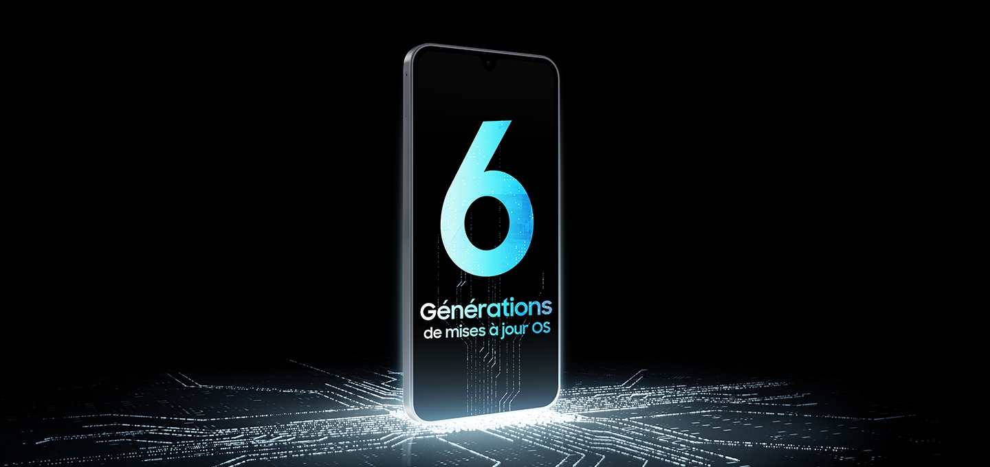 Un smartphone Galaxy A17 est à la verticale sur un circuit de puce luminescent qui affiche « 6 ans de mises à jour Android ».