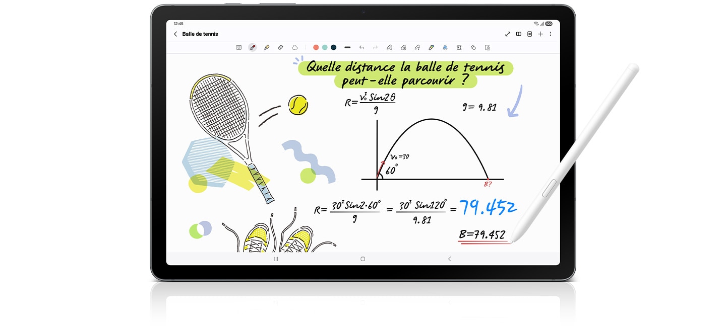 Le S Pen est utilisé dans l'application Notes sur la Galaxy Tab S10 Lite pour noter une équation mathématique, et Solve Math fournit automatiquement la solution.