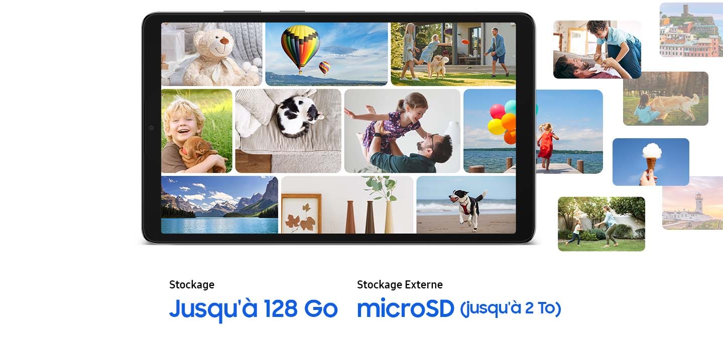 Un collage de photos s’affiche sur l’écran de la Galaxy Tab A11. À droite, les photos dépassent du cadre de la tablette. On voit des moments en famille, des animaux de compagnie et des voyages. Sous la tablette, un texte : « Stockage : Jusqu’à 128 Go » et « Support de stockage externe : microSD (jusqu’à 2 To) »