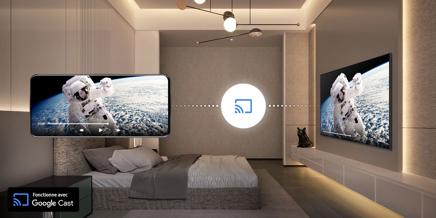  Η εικόνα δείχνει ένα δωμάτιο ξενοδοχείου όπου βλέπουμε ένα τηλέφωνο να χρησιμοποιεί τη λειτουργία google cast 