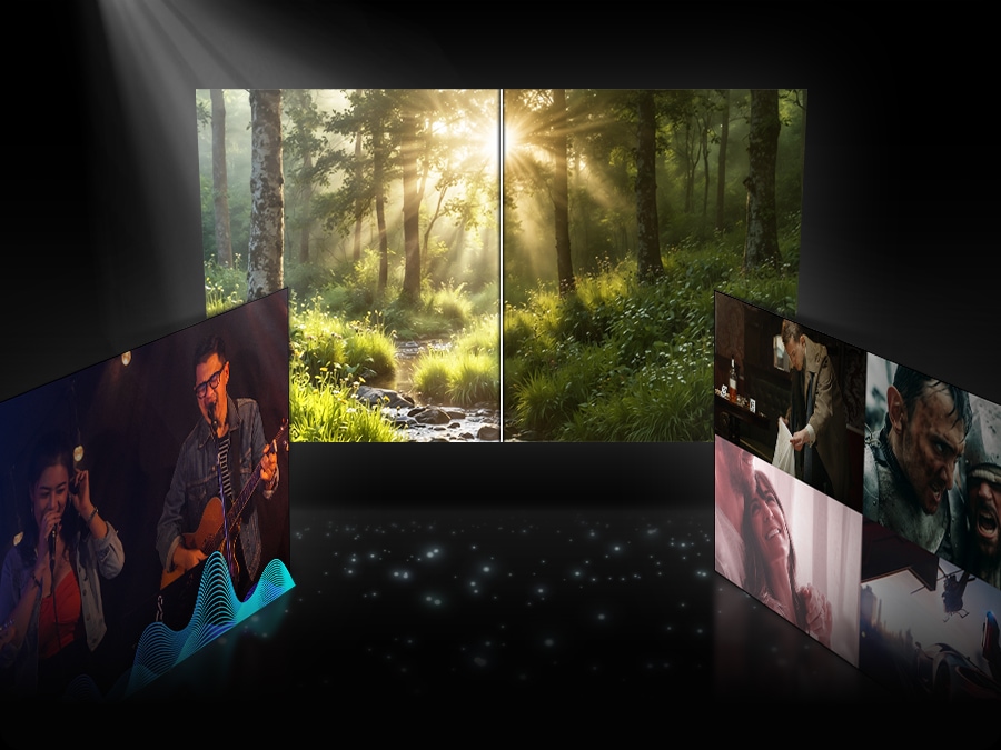 Trois écrans de télévision montrant comment le mode AI personnalise les paramètres d'image et de son pour différents types de contenu.