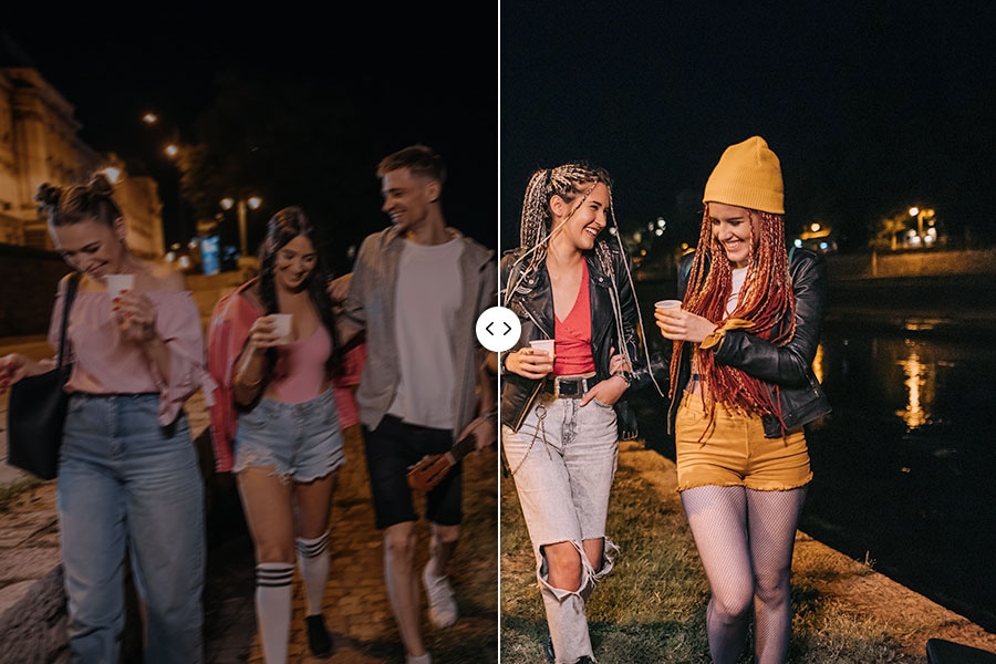 Quatre femmes et un homme marchent au bord d’une rivière la nuit sous les lampadaires. Un curseur vertical divise l’image : le côté gauche est flou et sombre et le côté droit est lumineux et coloré, révélant des détails plus nets, comme les reflets sur l’eau.