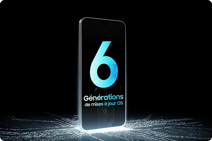 Un smartphone Galaxy A17 est à la verticale sur un circuit de puce luminescent qui affiche « 6 ans de mises à jour Android ».