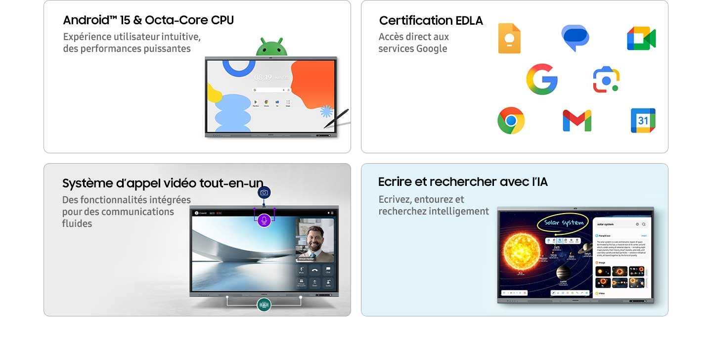 Four feature cards showcasing each feature : Android™ 15 & Octa-Core CPU - User-friendly UX, powerful performance; EDLA Certification - Seamless access to Google services; All-in-One Video Call System - Everything built in for communication; AI Write & Search - Write. Circle. Search smarter.