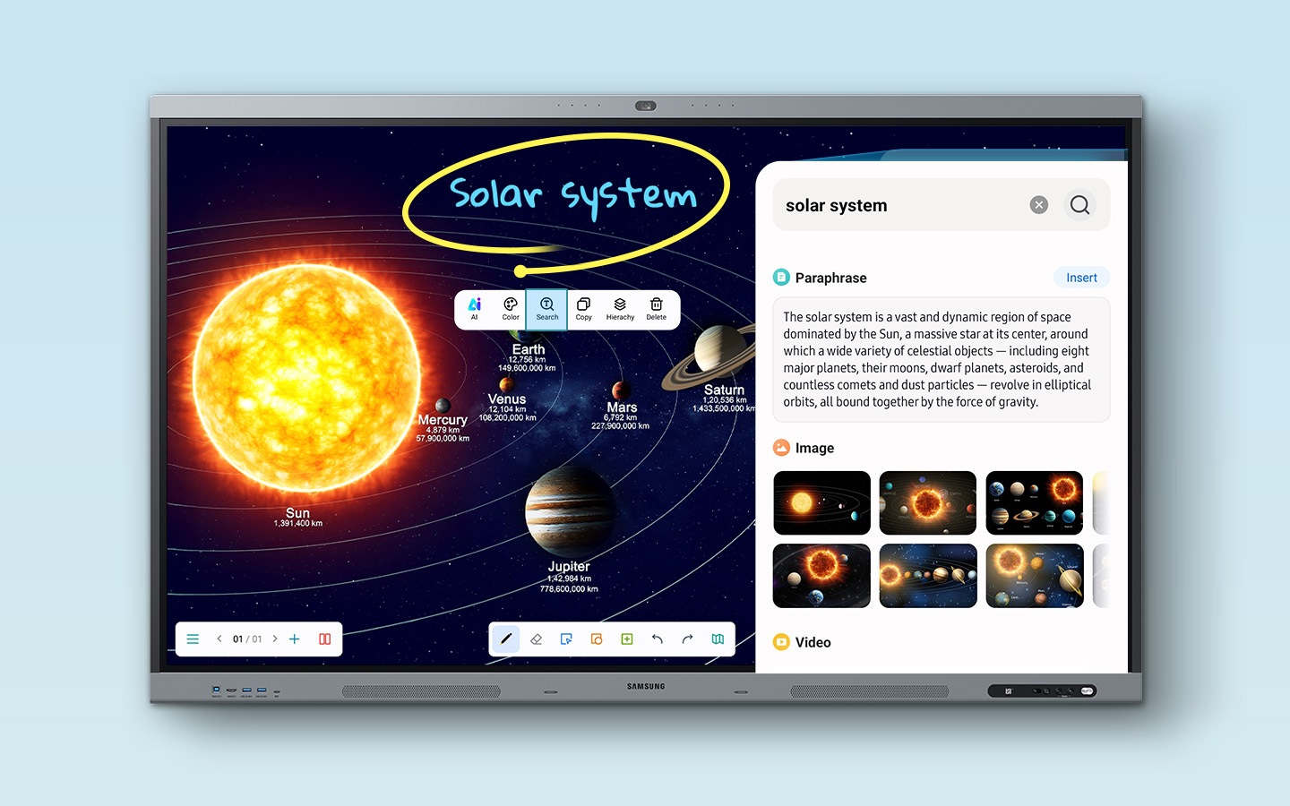 The display shows an image of the solar system. 'Solar System' is then written and circled. A toolbar appears on screen, and the 'Search' button is pressed, revealing web results for 'Solar System', including a definition, images, and videos in a right-hand panel on the screen.
