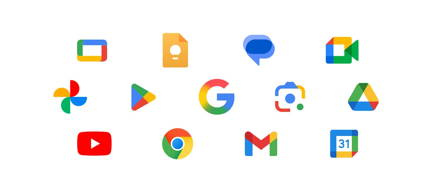 Grid of Google app icons like Chrome, Gmail, and YouTube on white background, showcasing EDLA Certification capabilities.