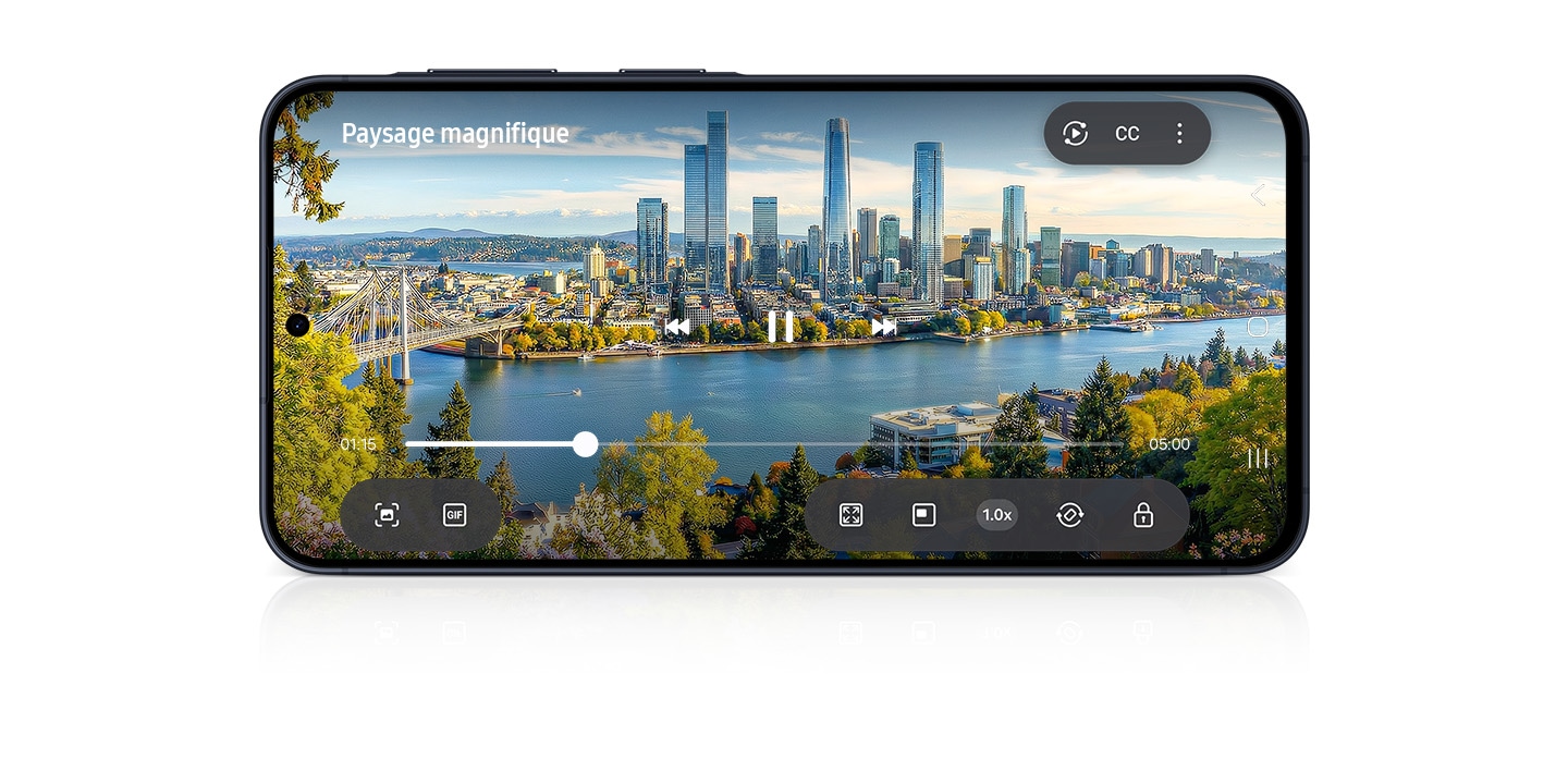 Vidéo en lecture sur un téléphone à prix raisonnable Samsung Galaxy A37 5G en mode paysage, avec le texte « Magnifique paysage » à l’écran.