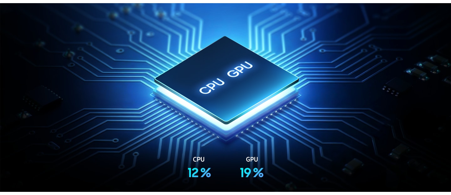 La puissante puce du processeur octa-core du téléphone Galaxy A37 5G est représentée ici intégrée dans une grille. Les performances du processeur ont augmenté de 12 % et celles du processeur graphique de 19 %.