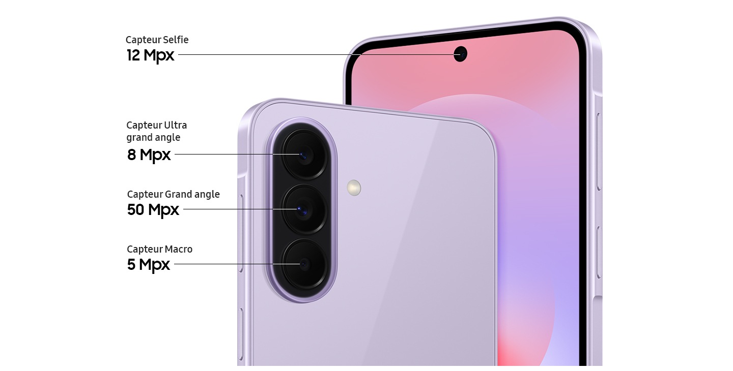Gros plan sur le module à triple caméra à l’arrière du Galaxy A37 5G, disponible en couleur Lavande et gros plan sur la caméra frontale. Le Galaxy A37 5G est équipé d’une caméra grand angle de 50 Mpx, d’une caméra ultra grand angle de 8 Mpx et d’une caméra macro de 5 Mpx à l’arrière, ainsi que d’une caméra frontale de 12 Mpx.
