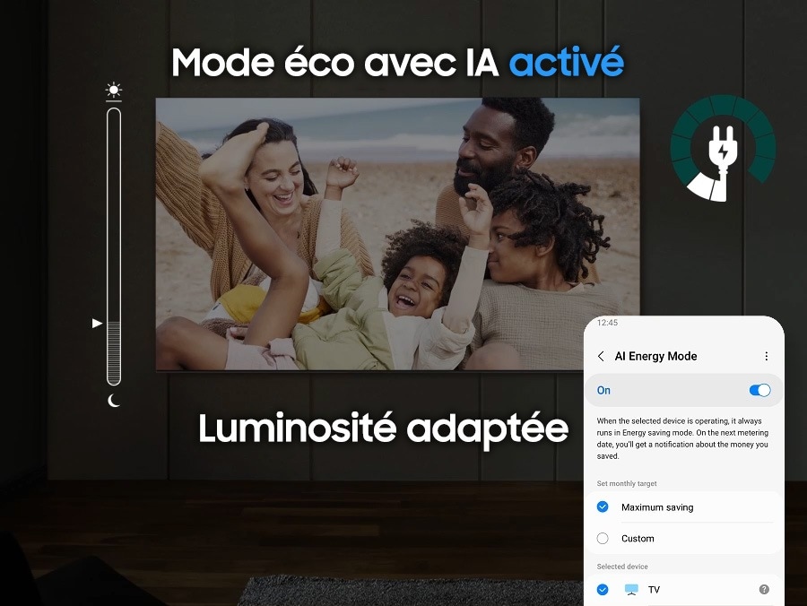 Image illustrant le mode économie d'énergie grâce à l'I.A avec une image d'une famille et d'un téléphone pouvant gérer la lumière adaptative