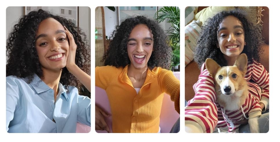 Três fotos tiradas de uma mulher com um Galaxy S21 Fe 5G. Um deles usa uma camisa azul e segura o telefone em um ângulo mais baixo, outro carrega uma camisa amarela e piscadela e o terceiro usa um moletom com capuz listrado vermelho e branco com um cachorro nos joelhos carregando uma camiseta com capuz. Ela segura o telefone em um ângulo alto