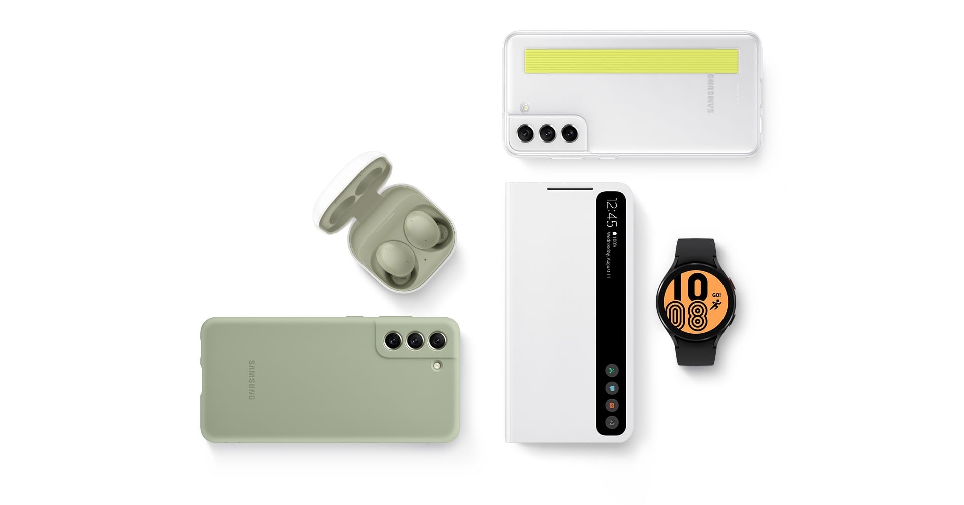 Galaxy Buds2 com a caixa aberta e os fones de ouvido no lugar. Galaxy S21 Fe 5G visto pela parte traseira com a tampa de correia esbelta instalada. Galaxy Watch4 com um mostrador gráfico. Smart Clear View Shell. Galaxy S21 Fe 5G visto pela parte traseira com a concha de silicone