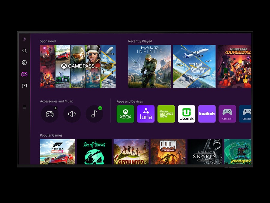 Samsung Gaming Hub est la nouvelle maison pour les jeux sur votre Samsung Smart TV 2022. Jouez instantanément à certains des plus grands jeux de Xbox et d'autres partenaires de streaming de jeux de premier plan sans téléchargement, limite de stockage ou console requise. Allumez simplement votre téléviseur et jouez. Vous pouvez également diffuser des vidéos de jeu depuis Twitch ou écouter de la musique Spotify tout en jouant.*