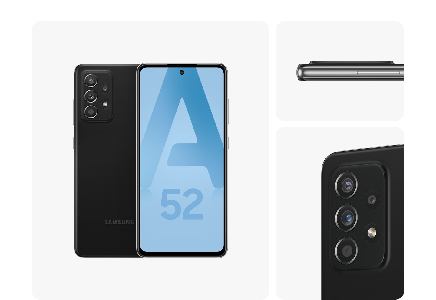 2. BlackGalaxy A52 in Awesome Black, seen from multiple angles to show the design: rear, front, side and close-up on the rear camera.