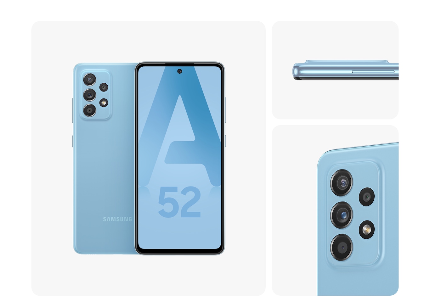 4. BlueGalaxy A52 in Awesome Blue, seen from multiple angles to show the design: rear, front, side and close-up on the rear camera.