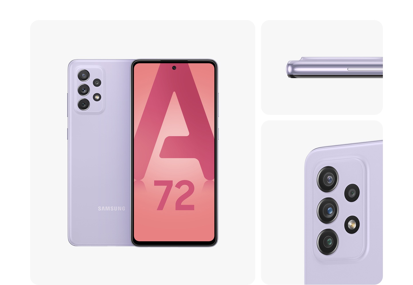 1. Galaxy A72 in Awesome Violet, seen from multiple angles to show the design: rear, front, side and close-up on the rear camera.