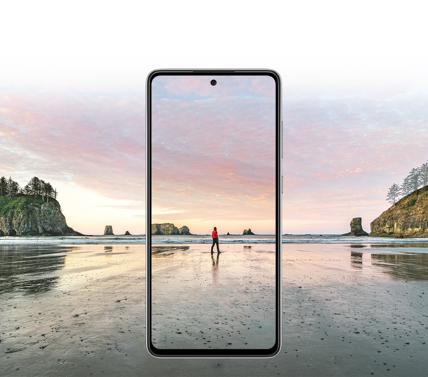 Galaxy A72 seen from the front. A scene of a man standing on a beach at sunset. Brightness 800 nits, Eye Comfort Shield with the SGS logo and Real Smooth.