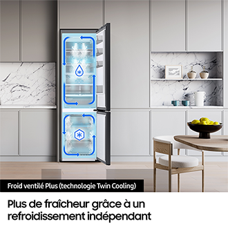 Réfrigérateur Combiné Samsung Bespoke AI - Platinum Inox-  Connecté - 387L - Classe A -RB38C7B6AS9 Silver