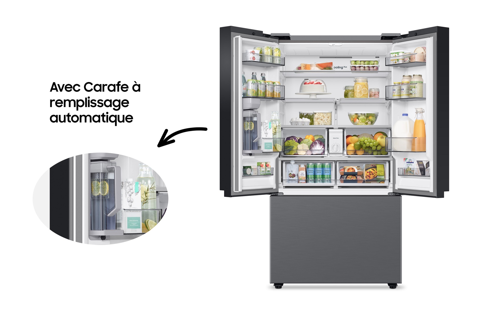 Réfrigérateur Samsung Bespoke AI Multi-portes- Carafe à remplissage auto - 674L -  Classe E -RF24BB620ES9 Platinum Inox