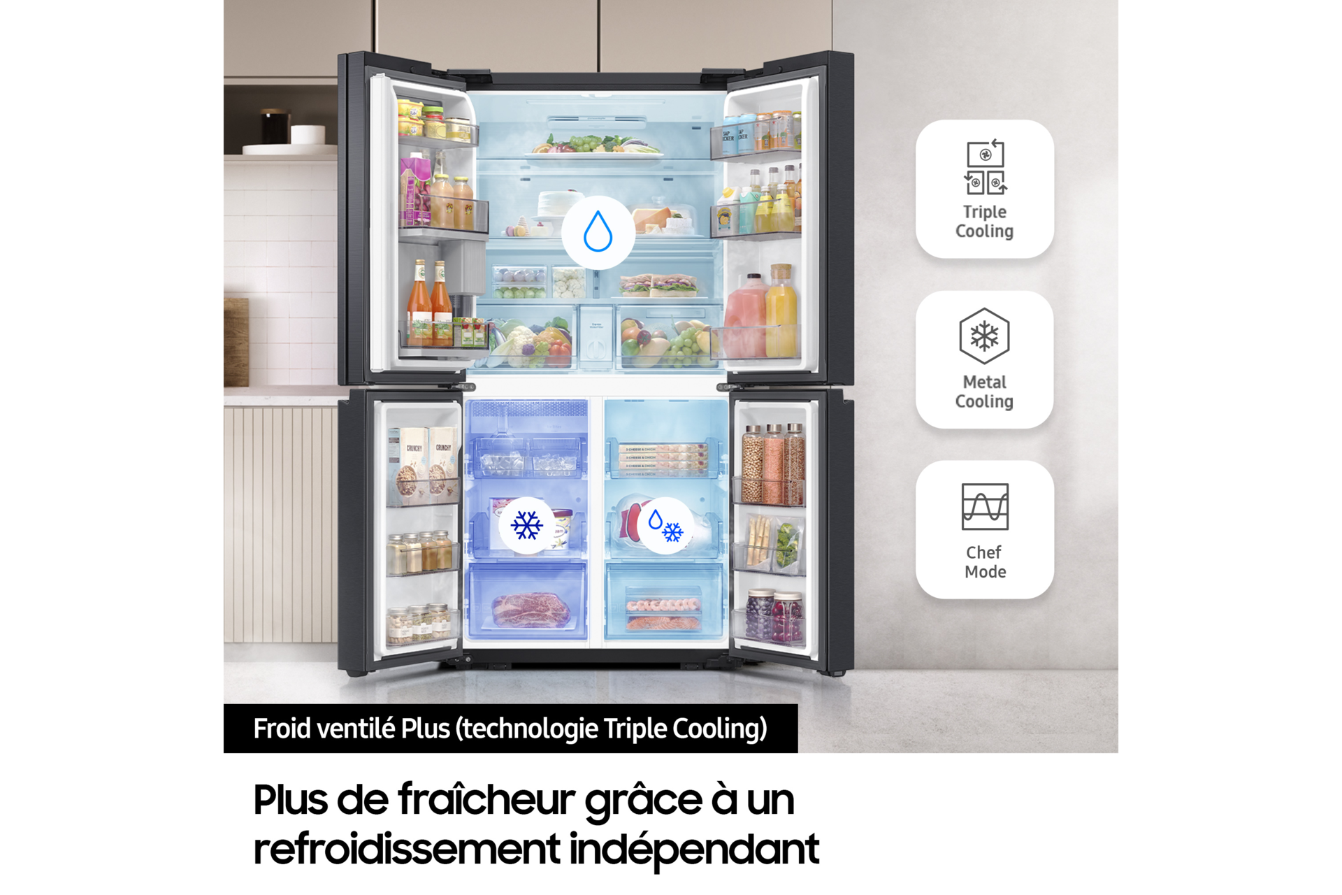 Réfrigérateur Samsung Bespoke AI Multi-portes- Triple Cooling - 646L -  Classe E -RF65DG960ESG Inox anthracite