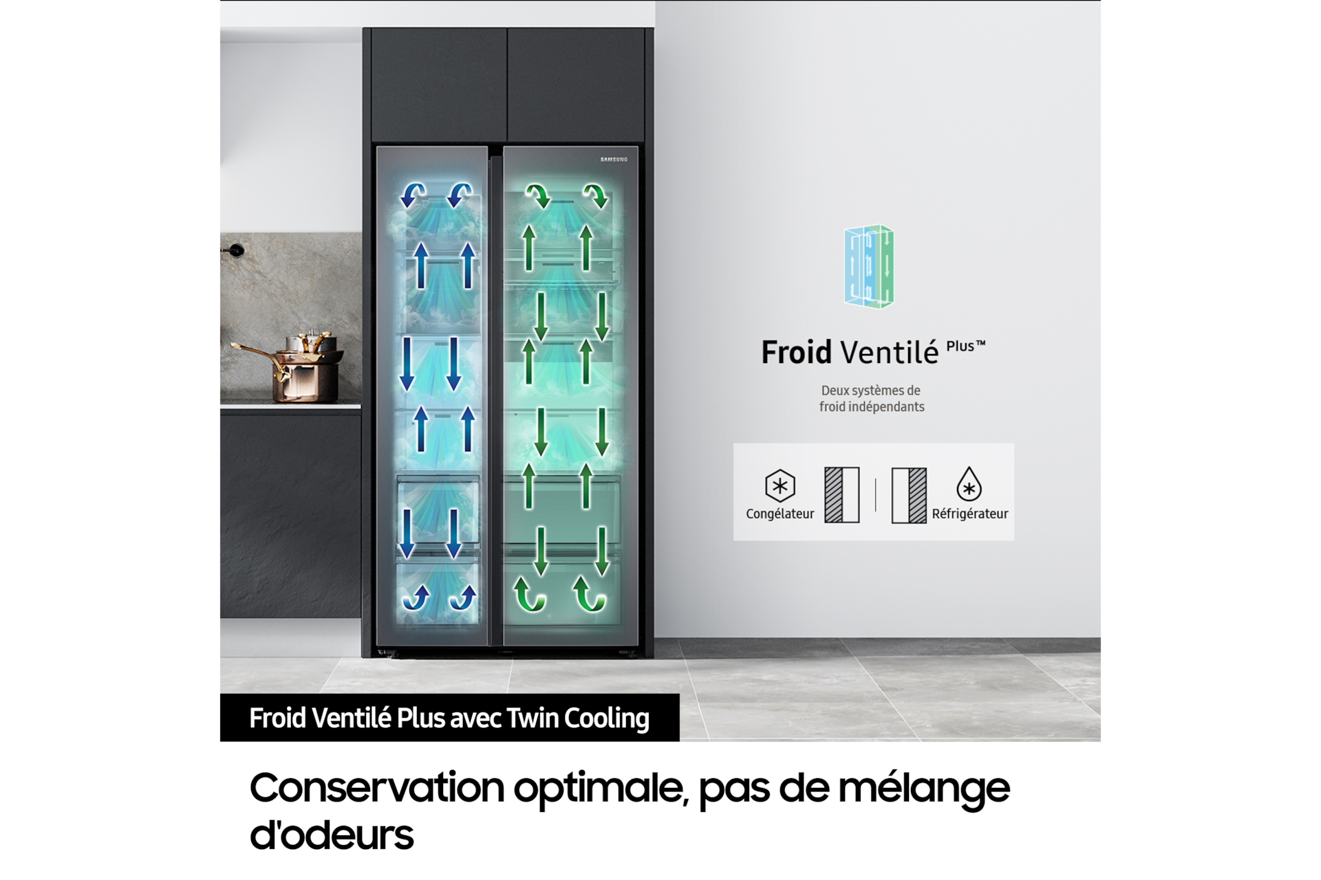 Réfrigérateur Samsung Bespoke AI - Américain- Platinum Inox- Metal Cooling: retient le froid de l'air - 634 L- Classe B - RS70F66KBT Platinum Inox