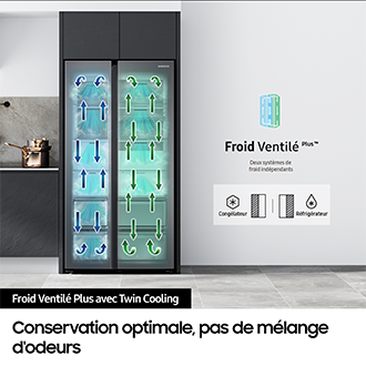 Réfrigérateur Samsung Bespoke AI Family Hub - Américain - Carbone- Ouverture Auto des portes + Assistant Vocal Bixby 614 L-  Classe E - RS90F66BEF Noir