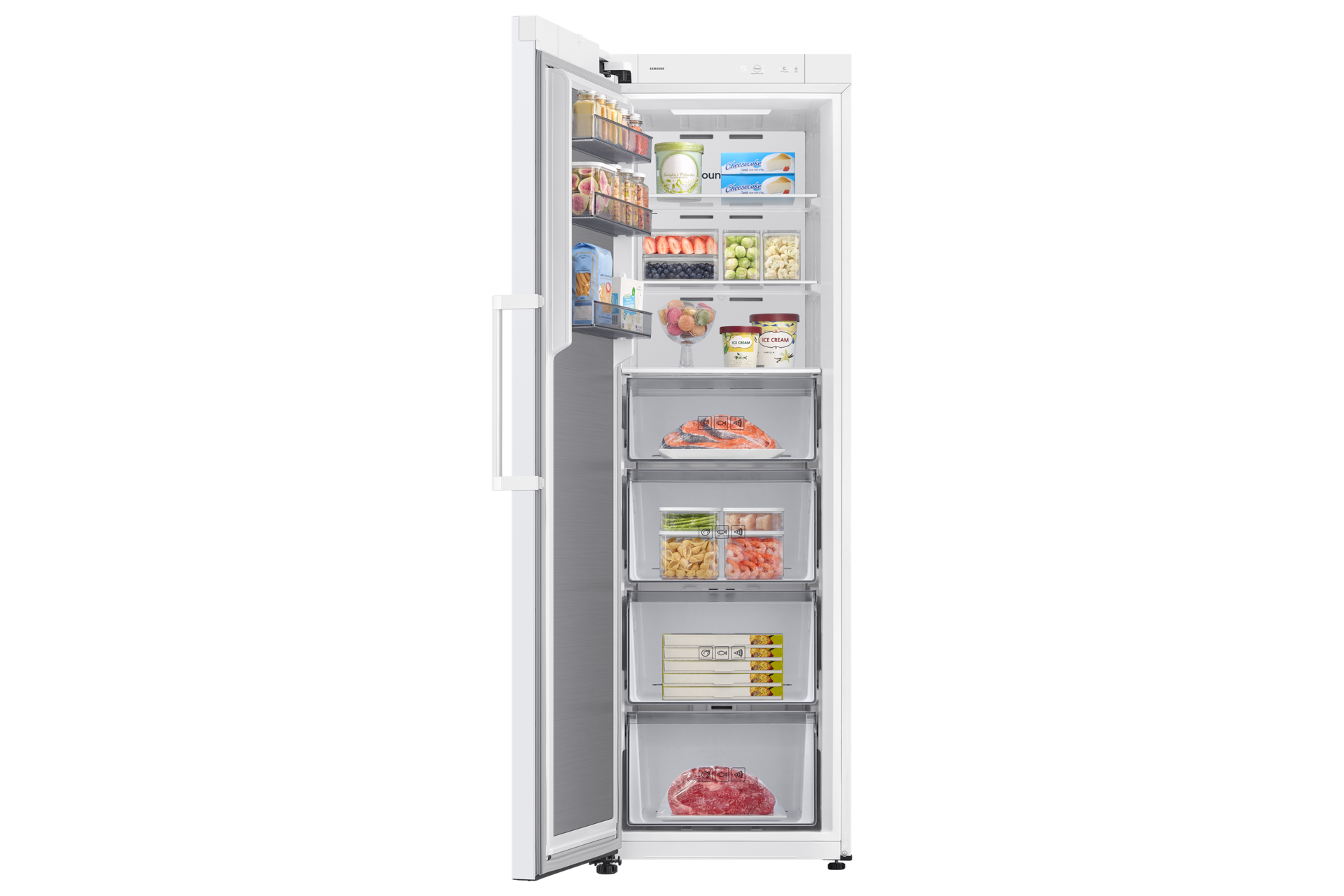 Bespoke AI Congélateur 1 Porte Full-Flex Convertible 387L Front-Open-With-Food1 White 