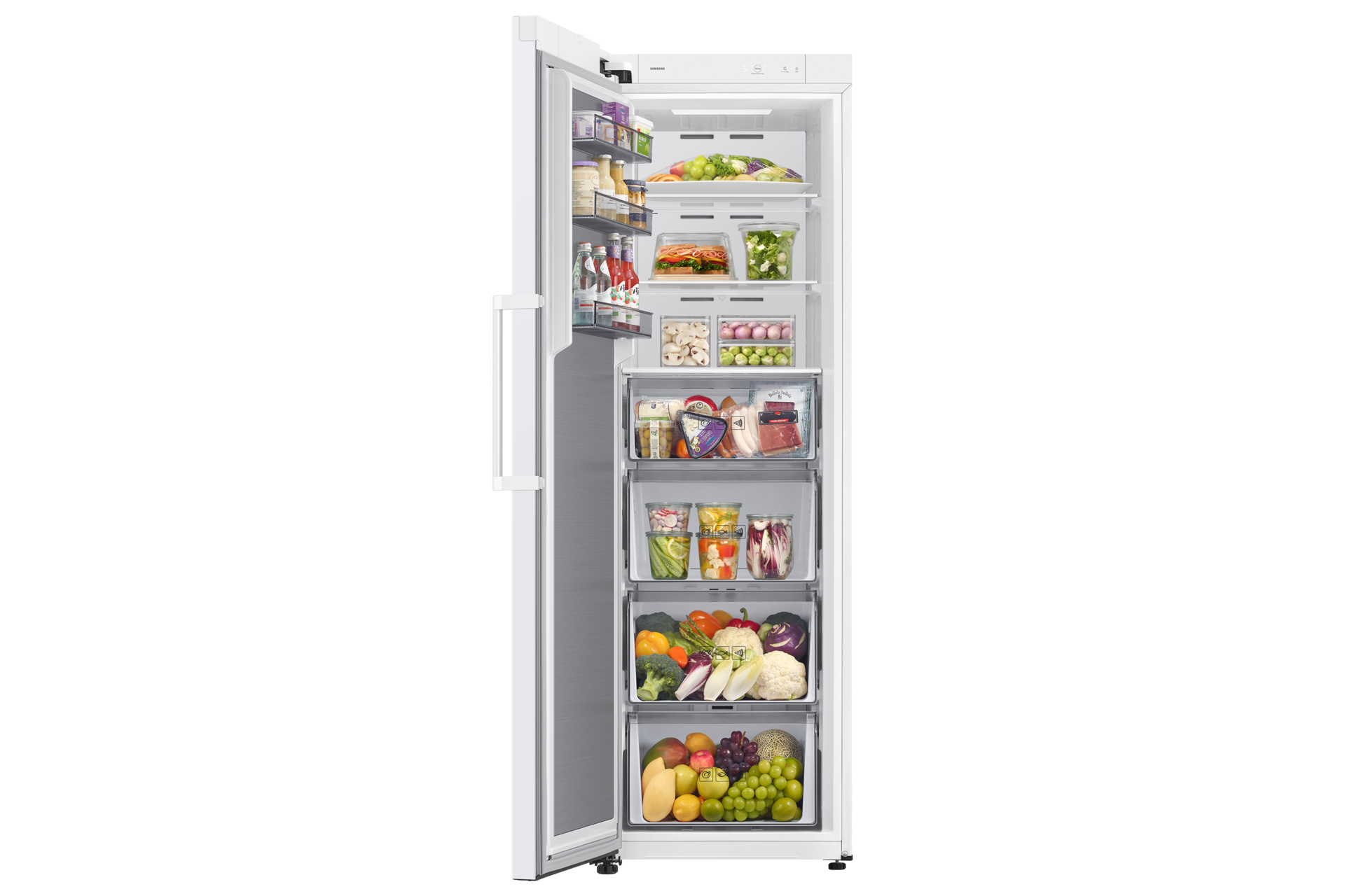 Bespoke AI Congélateur 1 Porte Full-Flex Convertible 387L Front-Open-With-Food2 White 