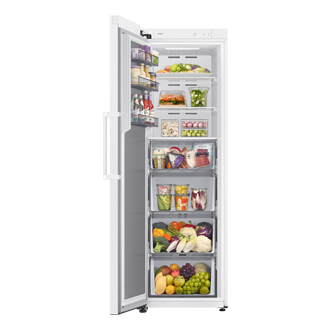 Bespoke AI Congélateur 1 Porte Full-Flex Convertible 387L Front-Open-With-Food2 White 