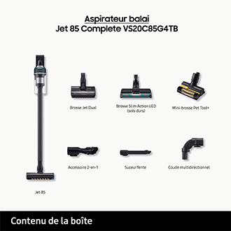 Jet 85 Complete Aspirateur balai 3 brosses Bleu 210 AW Design Noir / Filtre Bleu nuit