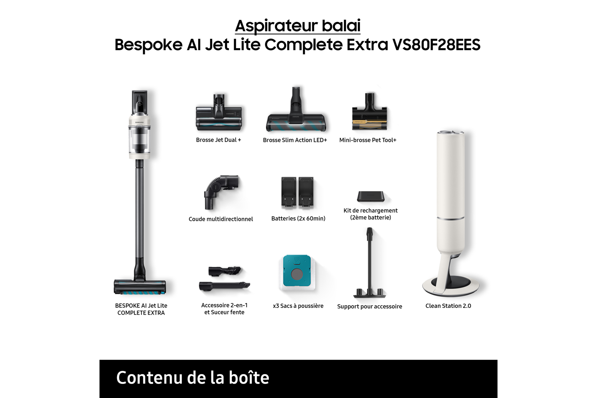 Bespoke AI Jet Lite Complete Extra Aspirateur balai 3 brosses 2 batteries 120 min Clean Station Blanc 280 AW Blanc Santorin