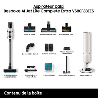 Bespoke AI Jet Lite Complete Extra Aspirateur balai 3 brosses 2 batteries 120 min Clean Station Blanc 280 AW Blanc Santorin