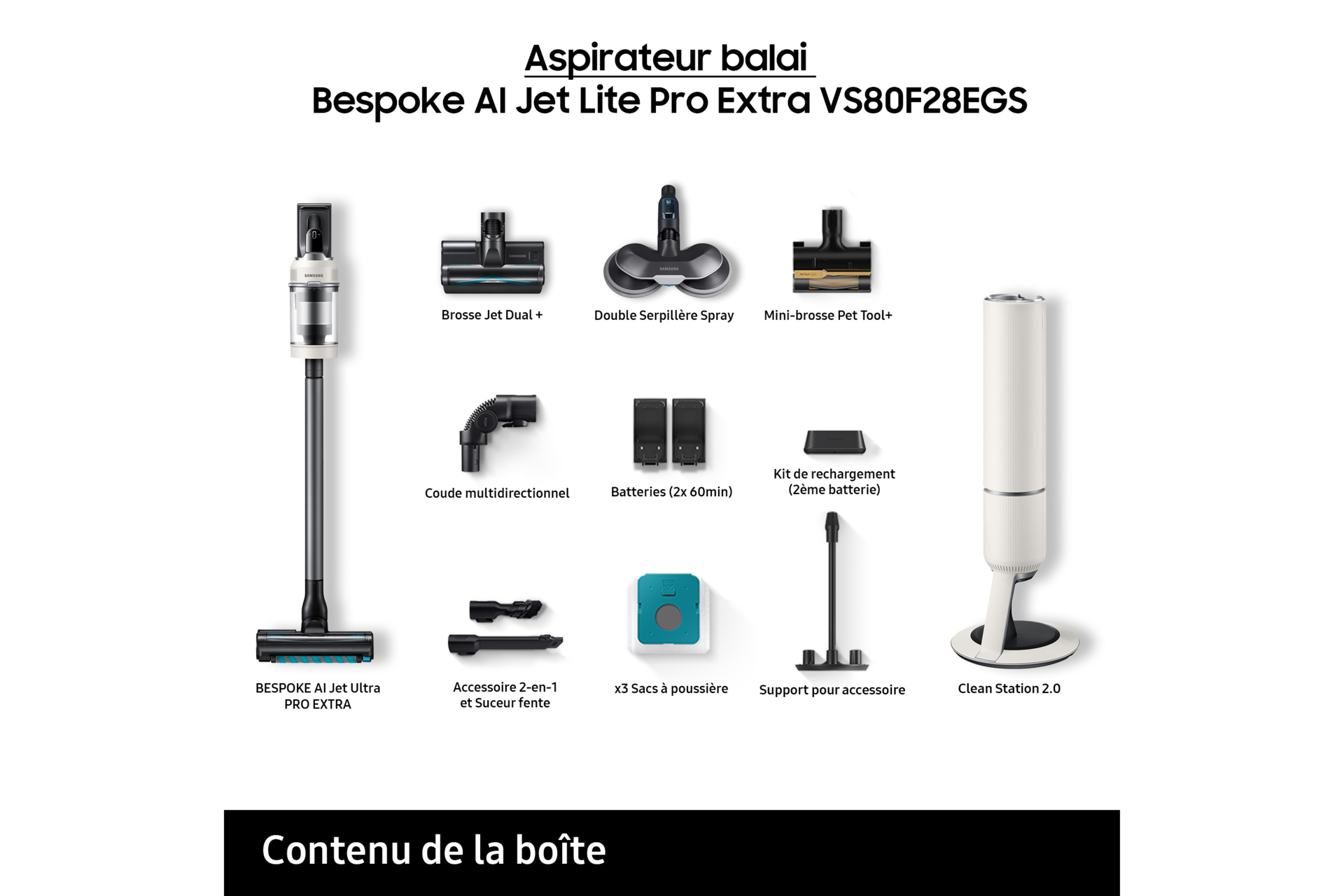 Bespoke AI Jet Lite Pro Extra Aspirateur balai 3 brosses 2 batteries 120 min Clean Station Blanc 280 AW Blanc Santorin