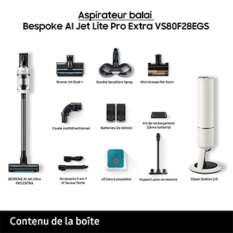 Bespoke AI Jet Lite Pro Extra Aspirateur balai 3 brosses 2 batteries 120 min Clean Station Blanc 280 AW Blanc Santorin