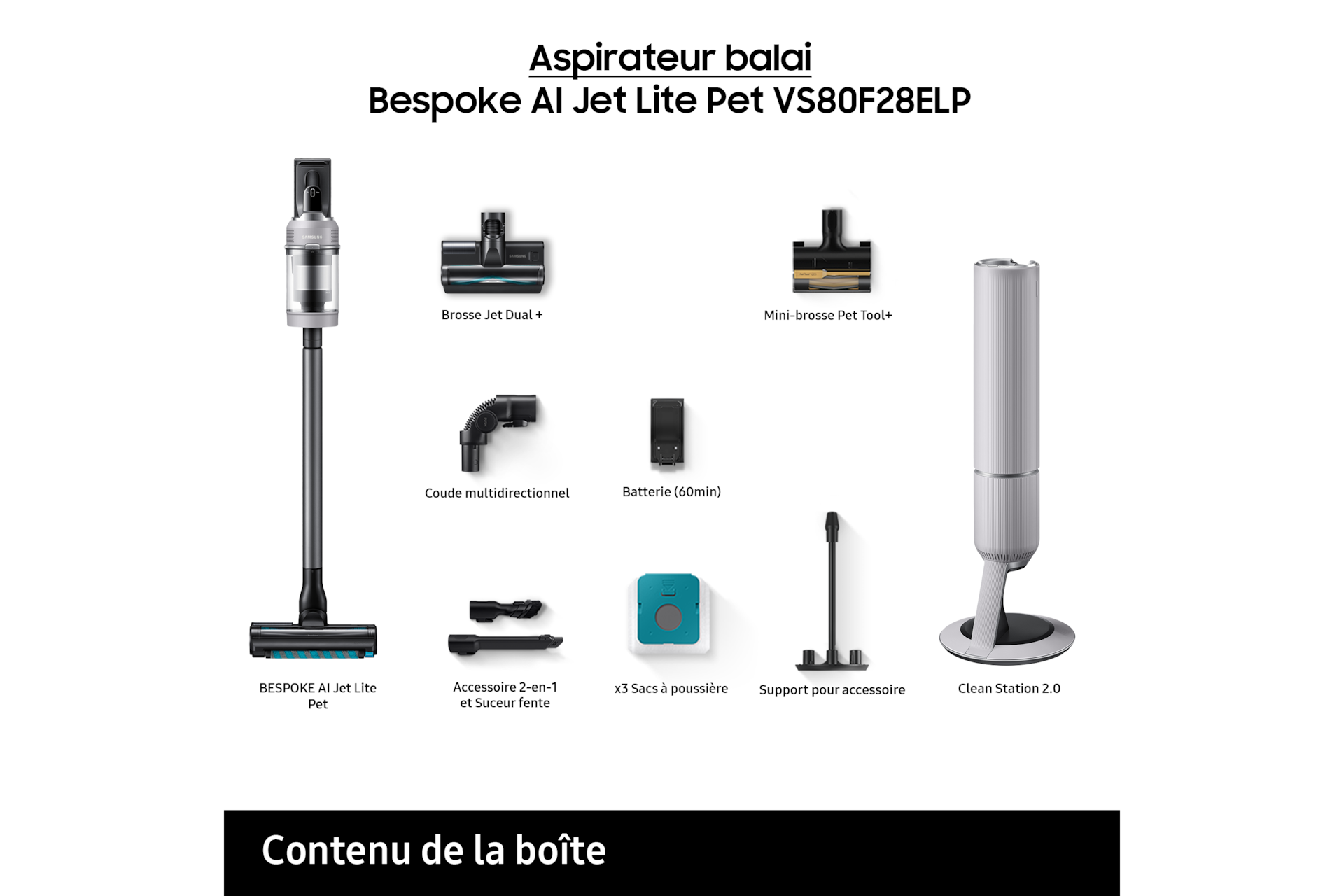 Bespoke AI Jet Lite Pet Aspirateur balai 2 brosses Clean Station Gris 280 AW Gris