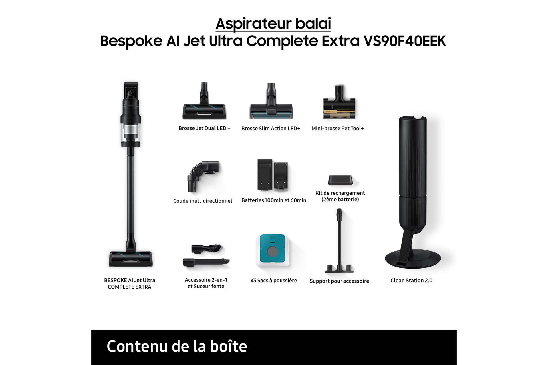 Bespoke AI Jet Ultra Complete Extra Aspirateur balai 3 brosses 2 batteries 160 min Clean Station Noir 400 AW Noir