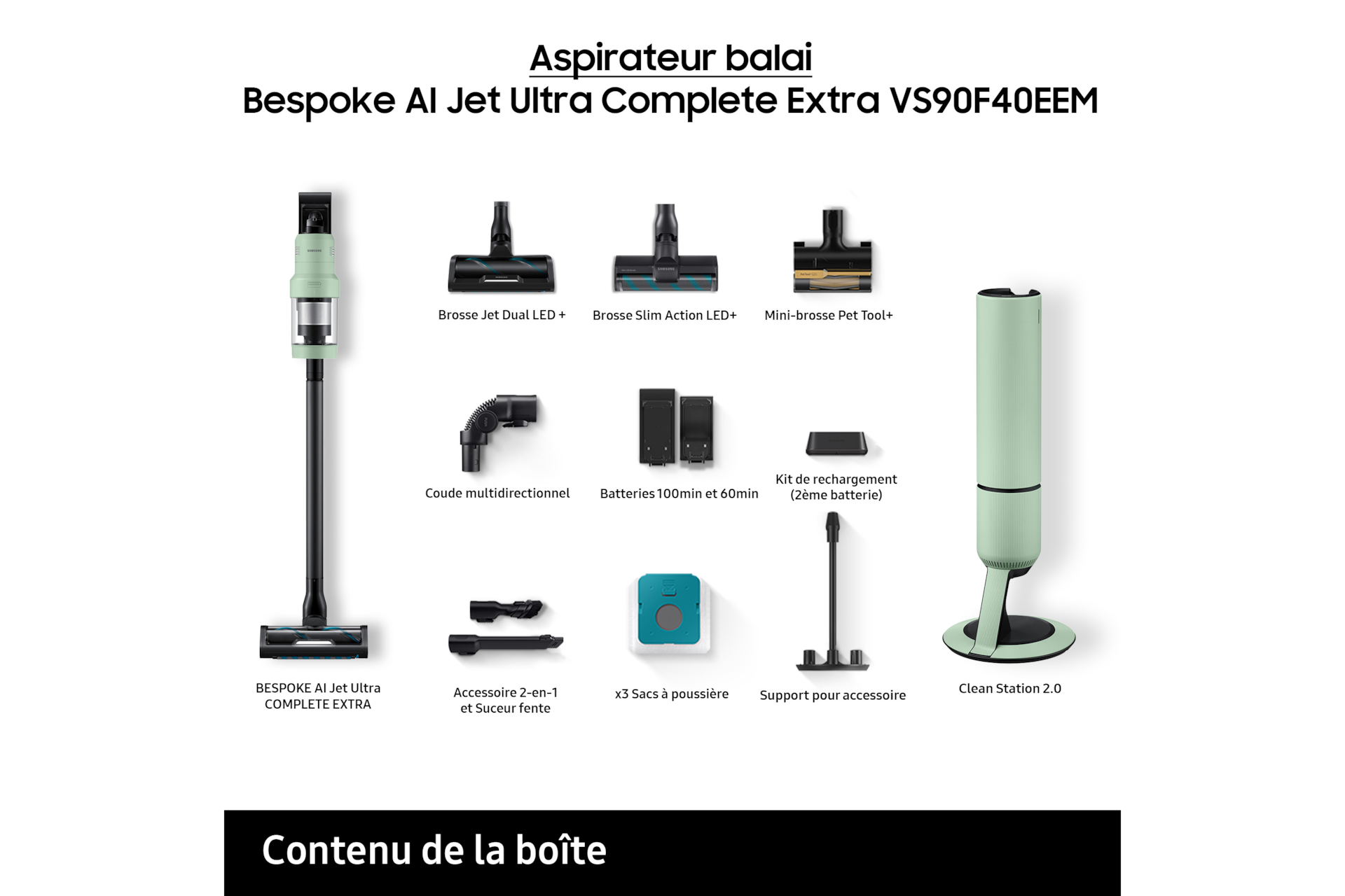 Bespoke AI Jet Ultra Complete Extra Aspirateur balai 3 brosses 2 batteries 160 min Clean Station Menthe 400 AW Design Menthe Satin - Métal Chromé 