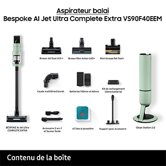 Bespoke AI Jet Ultra Complete Extra Aspirateur balai 3 brosses 2 batteries 160 min Clean Station Menthe 400 AW Design Menthe Satin - Métal Chromé 