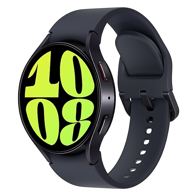 A graphite Galaxy Watch6 with a graphite sport band slim at a tilted angle is shown.