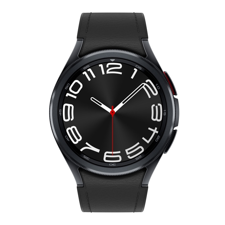 A black Galaxy Watch6 Classic with a black hybrid eco-leather band is shown.