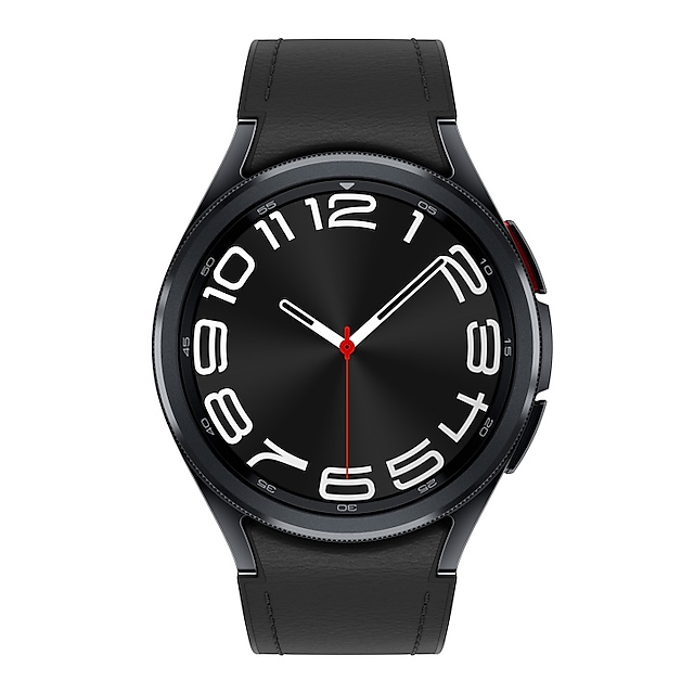 A black Galaxy Watch6 Classic with a black hybrid eco-leather band is shown.