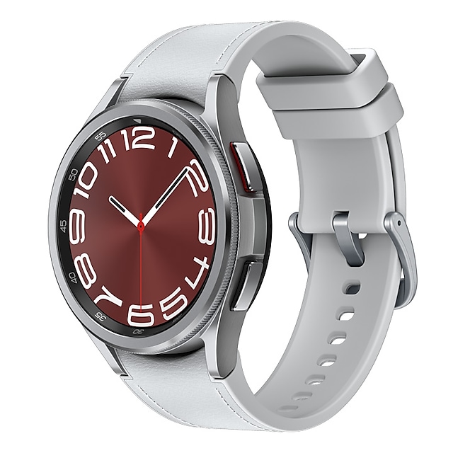 A silver Galaxy Watch6 Classic with a silver hybrid eco-leather band at a tilted angle is shown.