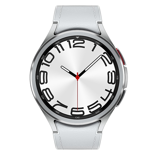 A silver Galaxy Watch6 Classic with a silver hybrid eco-leather band is shown.