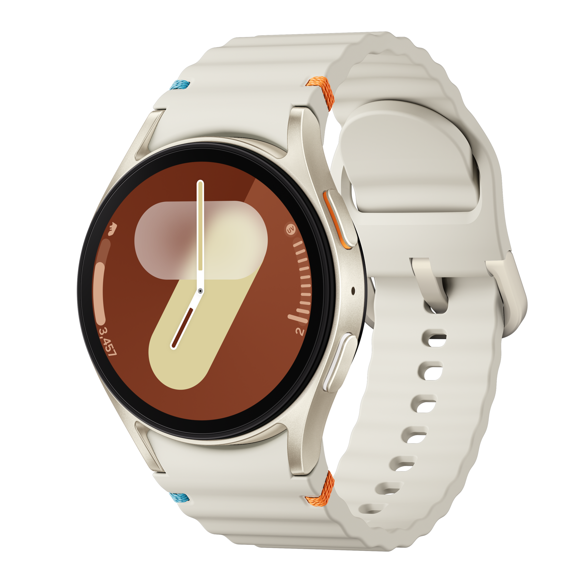 A cream Galaxy Watch7 with a cream Sport band at a tilted angle is shown.